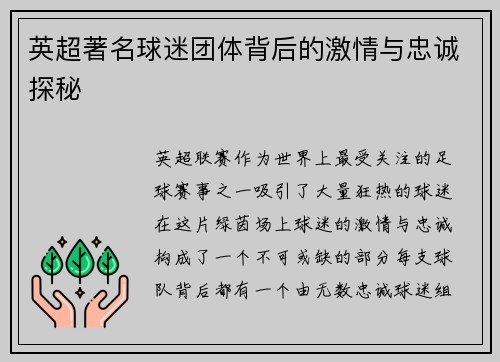 英超著名球迷团体背后的激情与忠诚探秘 英超著名球迷团体背后的激情与忠诚探秘