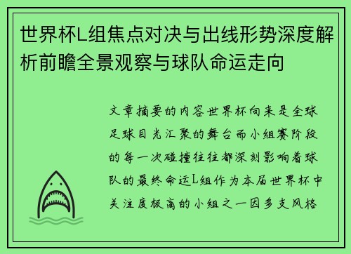 世界杯L组焦点对决与出线形势深度解析前瞻全景观察与球队命运走向